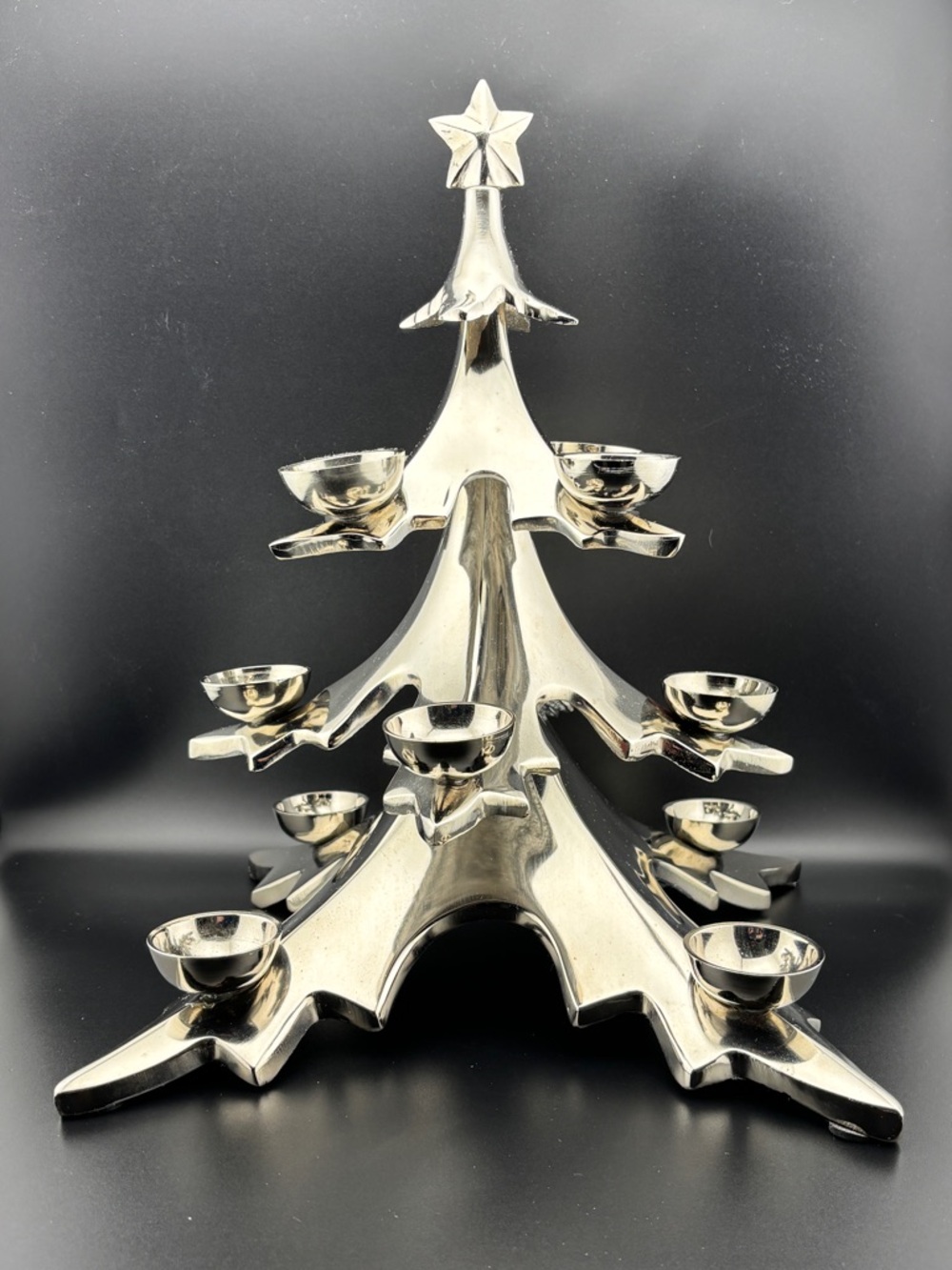 Vintage Silver Cast Aluminum Tabletop Christmas Tree Candle Holder